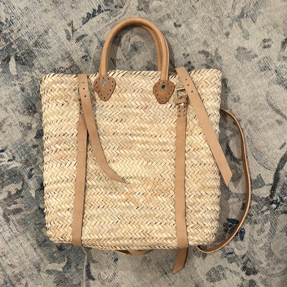Natural Straw Tote Backpack with Tan Leather Straps